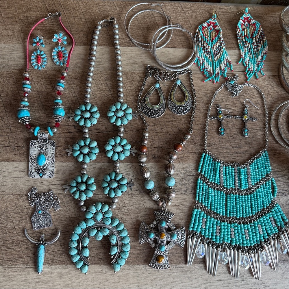 28 Piece Western Statement Jewelry Bundle - Squash Blossom Bracelets Earrings - Picture 2 of 13